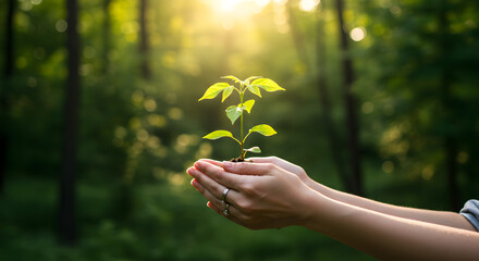 Woman's Hands Holding a Young Sapling in Sunlight