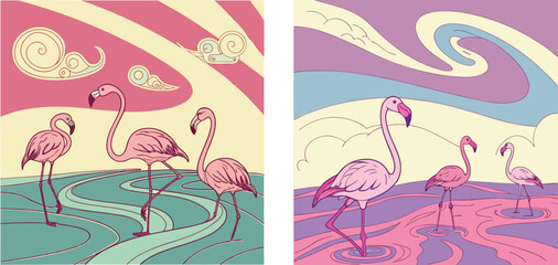 A group of flamingos standing in neon water with a retro sky. 