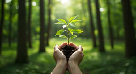 Hands holding a young plant in a forest