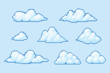 Pixel art clouds collection vector illustration for games, retro designs, and digital artwork