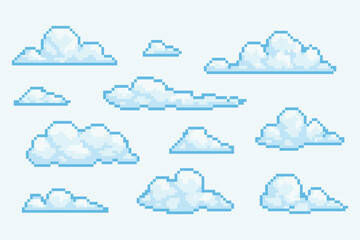 Pixel art clouds collection vector illustration for games, retro designs, and digital artwork