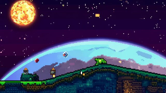 Pixel art alien planet landscape with stars, moon, terrain, and sci-fi elements in retro video game style