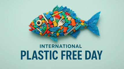 International plastic free day celebration concept of sustainability, environmental awareness, zero waste, eco friendly lifestyle, and plastic reduction in ocean  for a cleaner planet