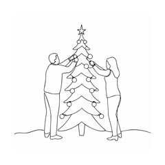 A couple decorating a christmas tree simple line art celebrating holiday season