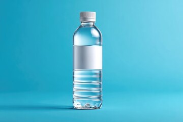 Plastic water bottle with blank label on a solid background.
