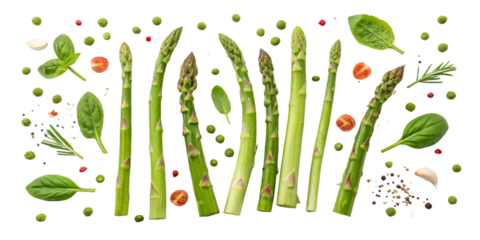 Asparagus with Herbs and Spices Composition Isolated on Transparent Background, Food Photography, Green Vegetables, Asparagus, Herbs, Spices