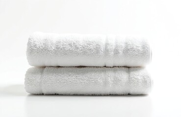Stack of white fluffy towels. Soft cotton fabric, rolled, folded. Clean, fresh, pure hygiene. Ideal for spa, bathroom, hotel. Wellness, body care. Isolated on white background.