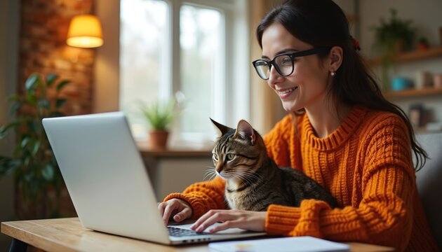 Young woman works laptop at home with cat. Remote work, online shopping, e-learning, working from home concept. Freelancer, student doing work from home. Cozy workplace, friendly atmosphere with pet.
