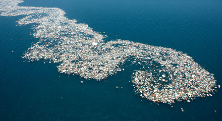 Aerial view of a large patch of plastic debris polluting the ocean.