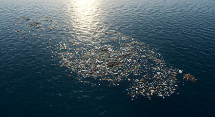 Aerial view of plastic pollution floating on the ocean surface.