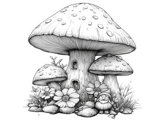 A drawing of a mushroom with a house on top and two mushrooms below it