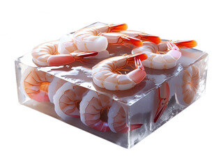 A captivating display of fresh shrimp frozen within a crystal-clear ice cube isolated on transparent background, cut out, png