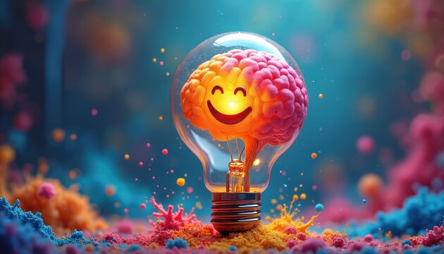 Whimsical illustration of smiling brain inside light bulb. Vivid colors convey of creative inspiration intelligence. Idea, innovation, mind, imagination, creativity. Think positive, innovative, find