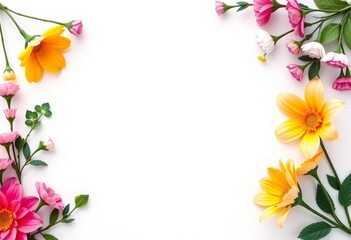 Obraz premium Blank invitation card mockup, floral decoration, top view, copy space for design , leaves, mockup