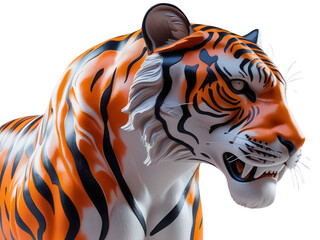 3D Majestic tiger with intense gaze, orange and black stripes isolated on transparent background, cut out, png, powerful predator, wild cat, close-up view.