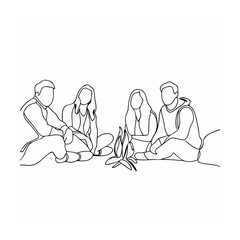 Friends sitting around a campfire enjoying each other's company in a minimalist line art style