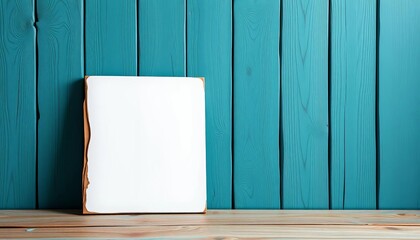 Blank rustic wood sign leans against teal blue wood backdrop,  promotional, signage