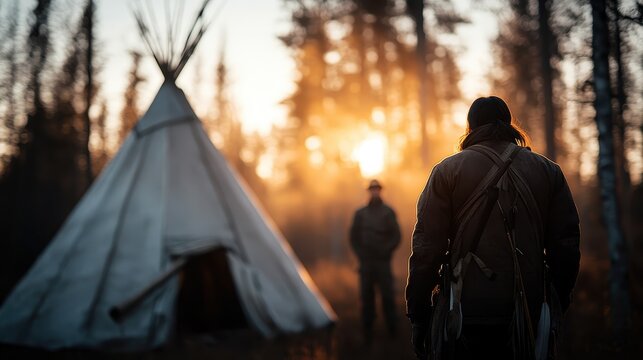 A silhouette of a person standing near a tipi at sunrise creates an atmospheric scene, emphasizing themes of adventure, exploration, and connection with nature in the wilderness. - Powered by Adobe