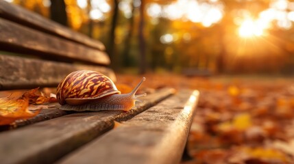 The image shows a mesmerizing snail slowly crawling on a rustic wooden bench, surrounded by fallen leaves as golden autumn sunlight bathes the scene, offering a moment of quiet reflection in nature.