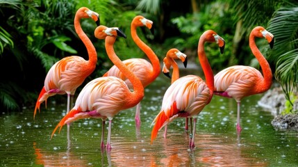 Pink flamingos in a tropical setting