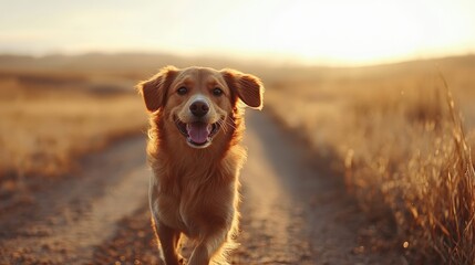 A cheerful golden dog running down a dirt path in a sunlit field, capturing the essence of joy, freedom, and the perfect bond between pets and their owners in nature's beauty.