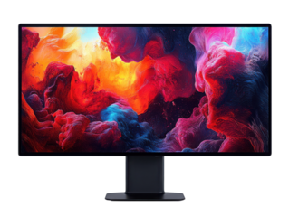 A computer monitor with a colorful, abstract background