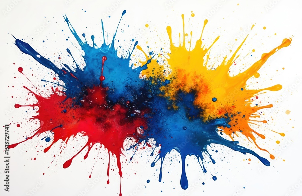 Poster Dynamic paint splatter design featuring vibrant mix colors red blue yellow. Abstract artwork with ink splashes. Colorful creative design element for backgrounds. Modern art style for various design