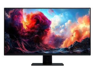 A computer monitor displays a colorful, abstract scene of a stormy ocean