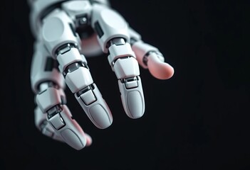 Close-up of a robotic hand gently grasping a human hand, symbolizing AI collaboration,  big data,  digital world