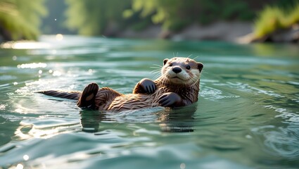 Fototapeta premium Playful Otter Floating in Calm Water, River Wildlife in Action