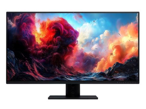 A computer monitor displays a colorful, abstract scene of a stormy ocean