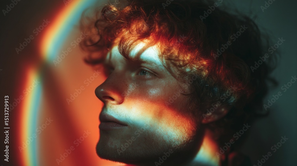 Poster a guy with curly hair gazes thoughtfully to the side, softly illuminated by a warm rainbow lens halo