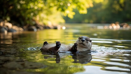 Fototapeta premium Playful Otter Floating in Calm Water, River Wildlife in Action