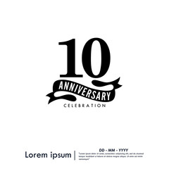 10th years anniversary celebration emblem. congratulations anniversary logo isolated with ribbon on white background. vector illustration template design for web, flyers, poster, greeting card