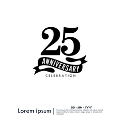 25th years anniversary celebration emblem. congratulations anniversary logo isolated with ribbon on white background. vector illustration template design for web, flyers, poster, greeting card