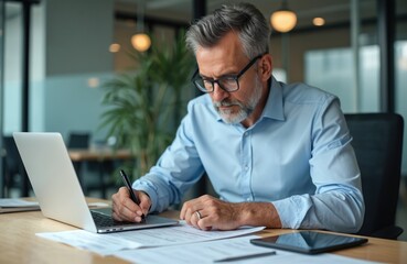 Obraz premium Mature businessman in shirt works with documents, contracts, bills. Man uses laptop at office. Financier, accountant with beard glasses reviews data, signs documents. Modern workplace.