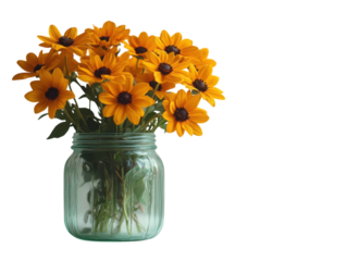A vase of yellow flowers sits on a white background