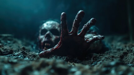 A chilling scene depicting a zombie hand clawing its way out from dark soil, capturing the essence of horror and fear in a visually striking and unsettling manner.