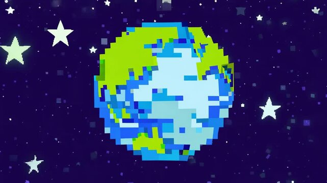Pixel art Earth floating in deep space surrounded by stars and cosmic background in retro 8-bit style design