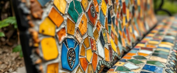 Close-up of weathered mosaic bench detail, Ravenna , texture,  history