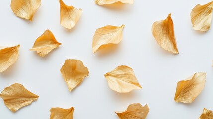 Naklejka premium Multiple pieces of edible gold leaf scattered on white from a top view. 