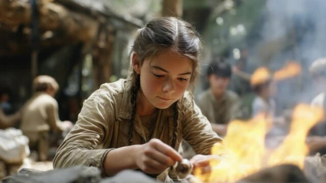 Girl at the Campfire: A young girl, focused intently, sparks a fire, casting a warm glow on her face, symbolizing the essence of perseverance and resourcefulness in an outdoor adventure.