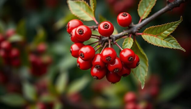 Close-up of vibrant red terebinth berries clustered on a branch, juicy,  background