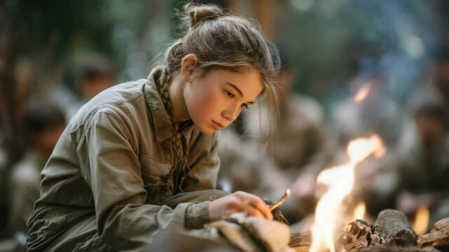 Campfire Contemplation: A young girl carefully tends a campfire, her face illuminated by the flickering flames. This photo captures a serene moment amidst a group gathering.