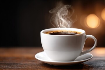 Fototapeta premium Steaming cup of coffee on a wooden table.