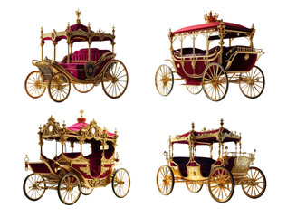 Royal Carriage Collection: A regal ensemble of ornate horse-drawn carriages, resplendent with gilded details and rich crimson upholstery, isolated on transparent background, cut out, png