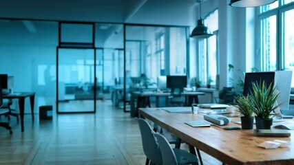 Modern Office Interior: Capturing a minimalist workspace. A modern office interior bathed in natural light. Showcasing a sleek, functional design. Emphasizing a professional, efficient atmosphere.