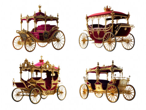 Royal Carriage Collection: A regal ensemble of ornate horse-drawn carriages, resplendent with gilded details and rich crimson upholstery, isolated on transparent background, cut out, png
