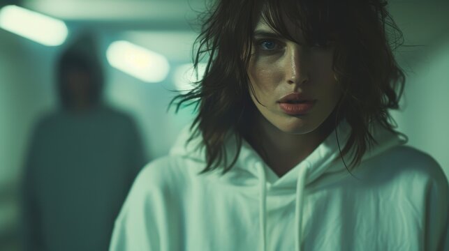 A mysterious woman dressed in a hoodie stands confidently in a dimly lit tunnel, evoking feelings of intrigue, isolation, and urban exploration.