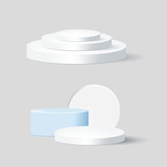 set with round white and blue podiums on light background, front view, soft shadows, realistic style